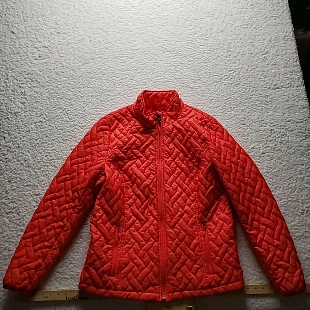 Lands' End Jacket Youth Medium 10-12 Orange Quilted Full Zip Pockets Insulated